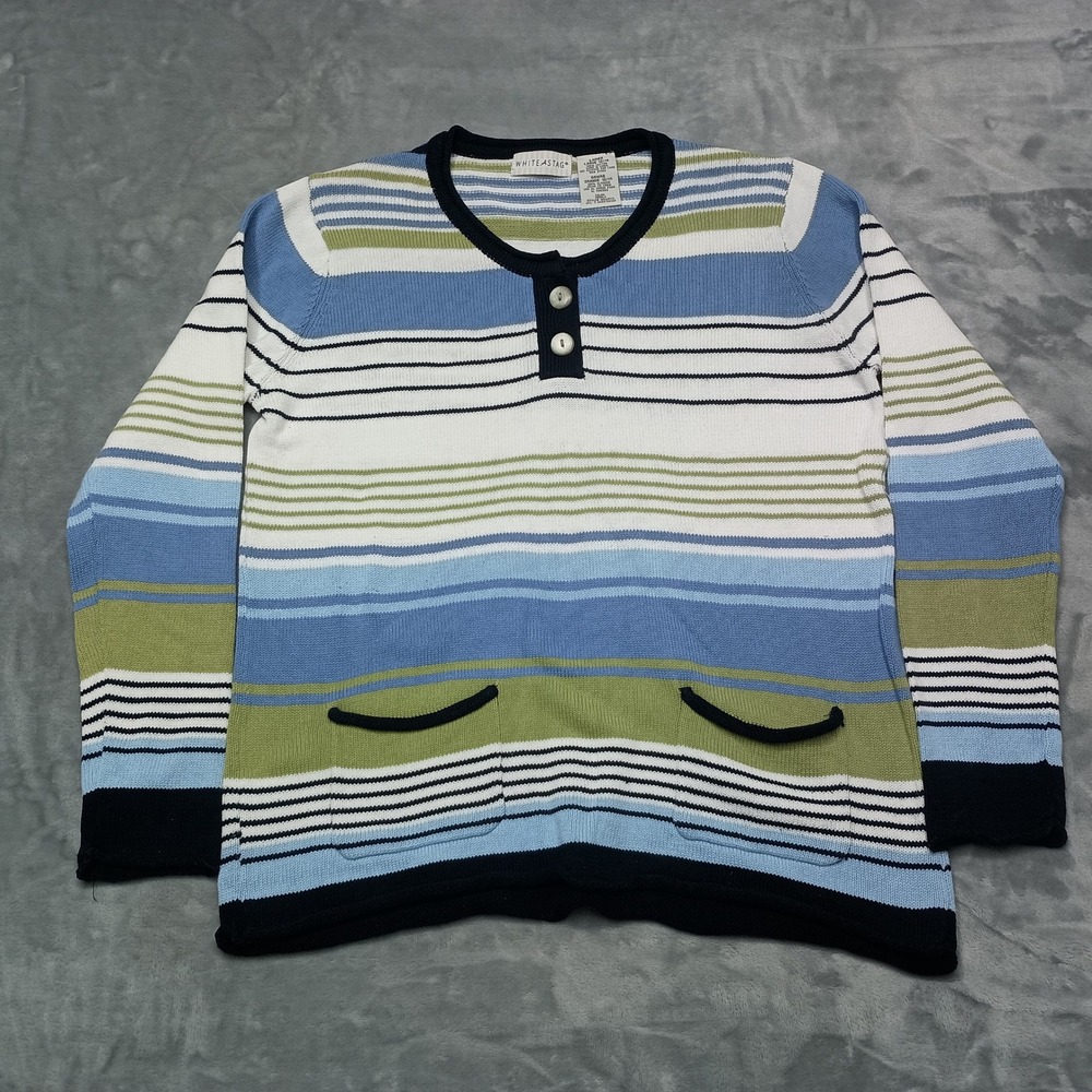 White Stag Sweater Womens L Blue Striped Henley Knit Pullover Retro Pocket Top